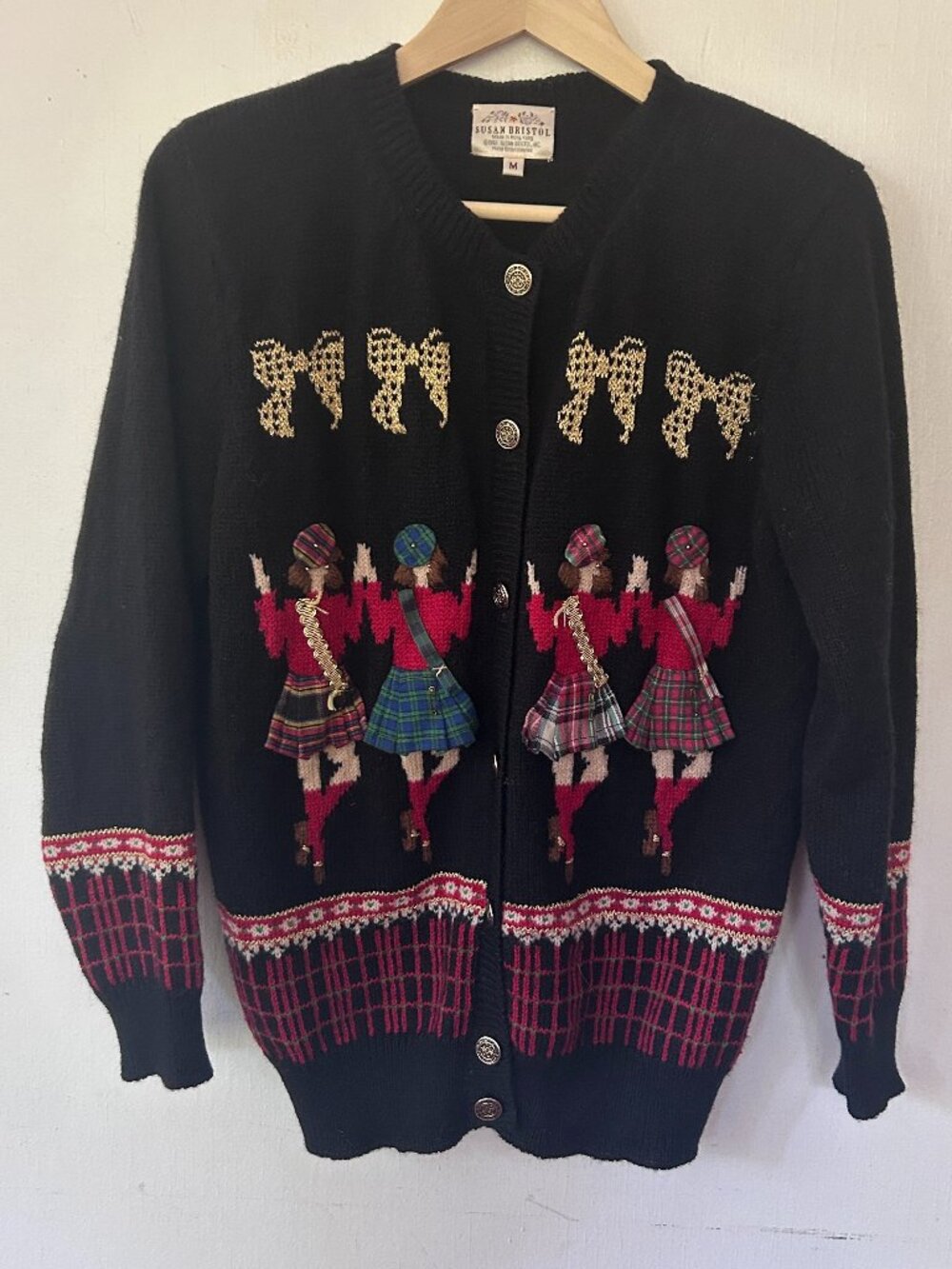 Susan Bristol VTG Holiday Cardigan Medium Clog Contra Dance Hand Embroidered